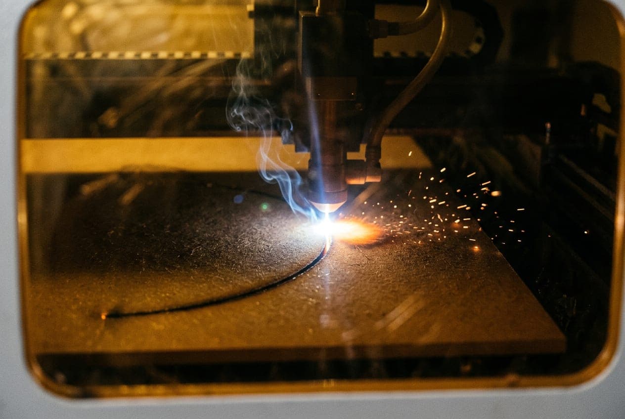 Lazer kesim anı — kapak kapalı, kesim ışığı ve duman görünüyor