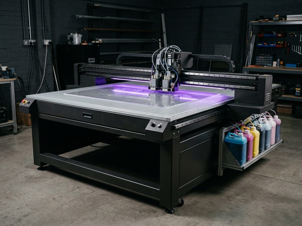 Zestones UV 9060 flatbed baskı makinesi, vakumlu alüminyum tablasında levha yüklüyken